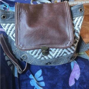 Myra Bag Brown Leather and Gray Patterned Backpack